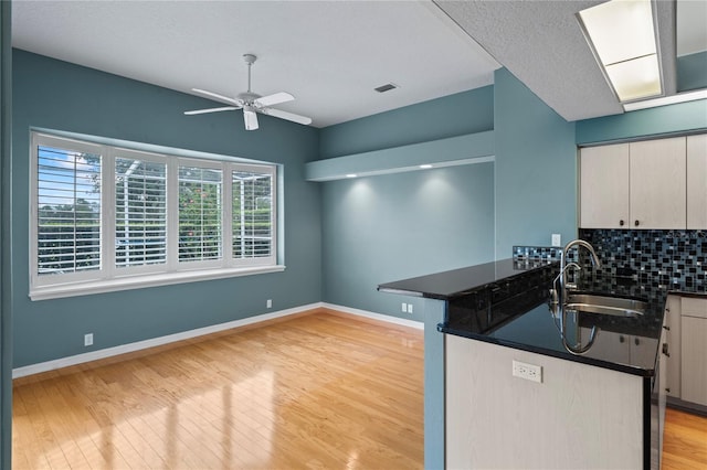 4351 Mallard Lake Dr, Spring Hill, FL 34609 - kitchen with a peninsula, dark countertops, light wood-style floors, ceiling fan, and decorative backsplash