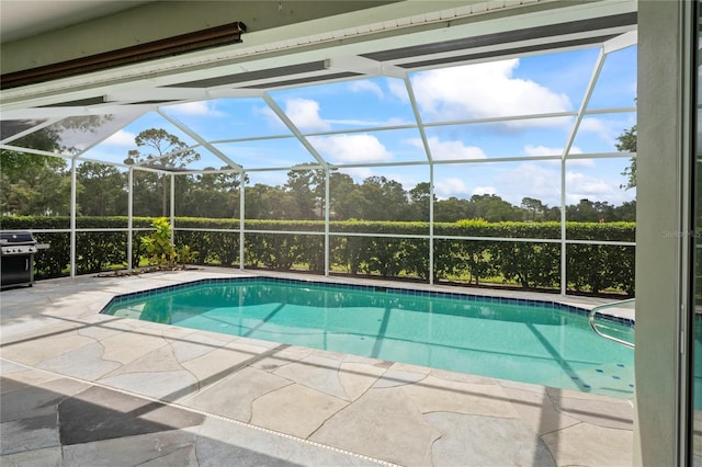 4351 Mallard Lake Dr, Spring Hill, FL 34609 - swimming pool featuring a patio area, area for grilling, view of scattered trees, and glass enclosure