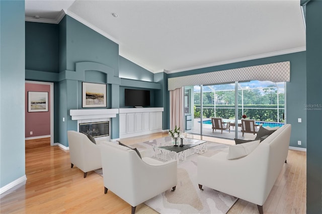 4351 Mallard Lake Dr, Spring Hill, FL 34609 - living area with crown molding, vaulted ceiling, light wood-type flooring, and a glass covered fireplace