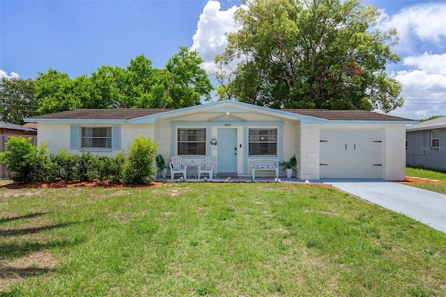 6144 Glenwood Dr, New Port Richey, FL 34653 - ranch-style house with covered porch, driveway, a front yard, and a garage