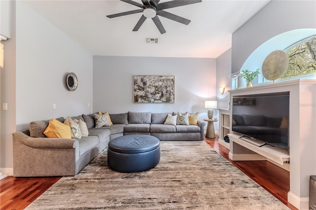 11510 Lakeview Dr, New Port Richey, FL 34654 - living area featuring a ceiling fan and wood finished floors