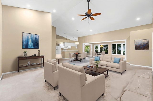 18736 Bent Pine Dr, Hudson, FL 34667 - living area with a ceiling fan, high vaulted ceiling, light colored carpet, and recessed lighting