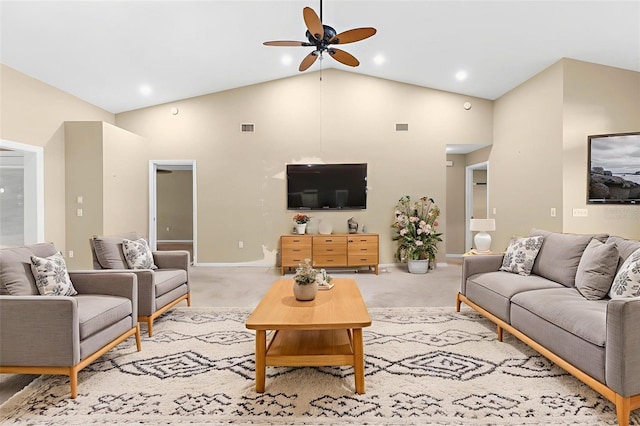 18736 Bent Pine Dr, Hudson, FL 34667 - carpeted living area with a ceiling fan and high vaulted ceiling