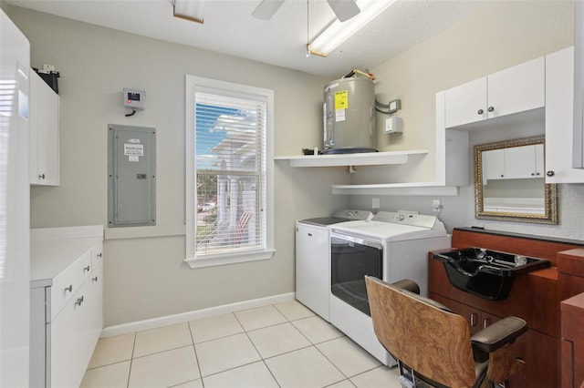 4052 Marine Pkwy, New Port Richey, FL 34652 - laundry room with electric panel, electric water heater, washing machine and clothes dryer, cabinet space, and ceiling fan