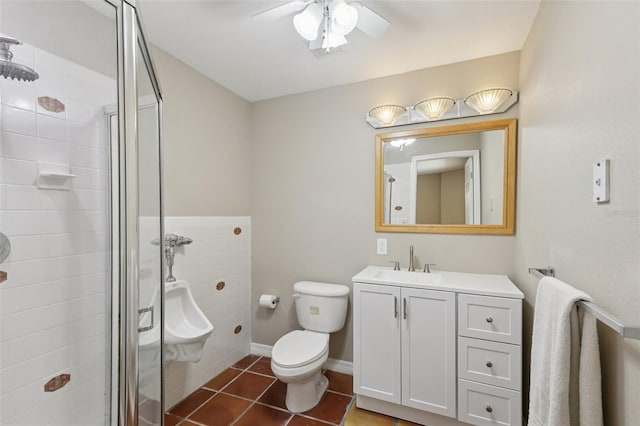 4052 Marine Pkwy, New Port Richey, FL 34652 - full bathroom with a ceiling fan, a shower stall, vanity, and tile patterned flooring