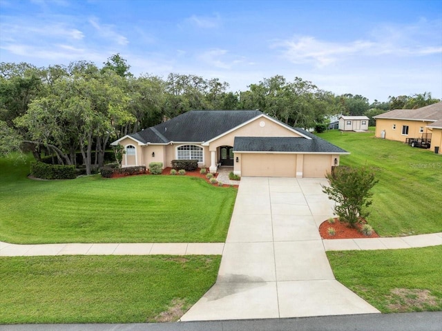 12060 Sapphire Dr, Spring Hill, FL 34609 - ranch-style house with a garage, driveway, stucco siding, a front yard, and view of scattered trees