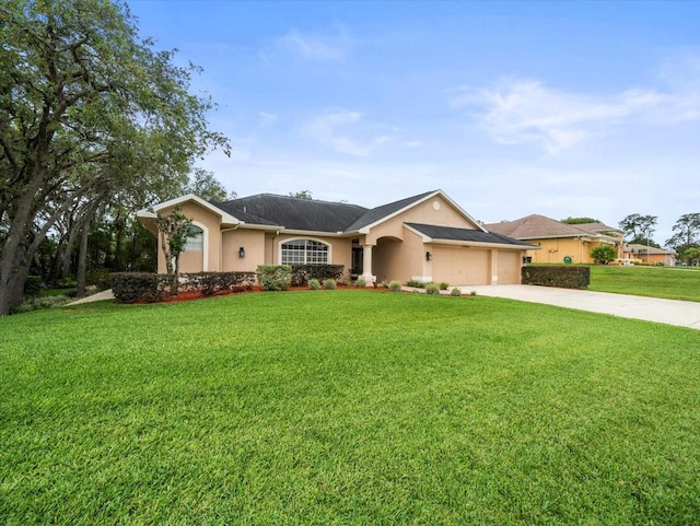 12060 Sapphire Dr, Spring Hill, FL 34609 - ranch-style home with concrete driveway, stucco siding, a garage, and a front lawn