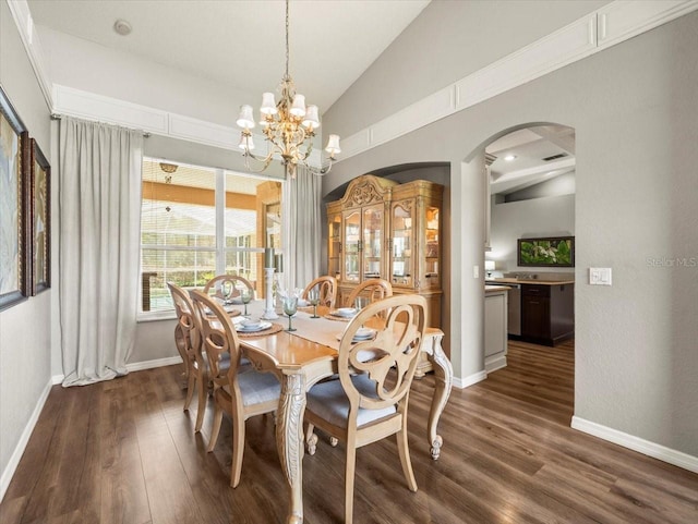 12060 Sapphire Dr, Spring Hill, FL 34609 - dining room with arched walkways, lofted ceiling, a chandelier, and dark wood-type flooring