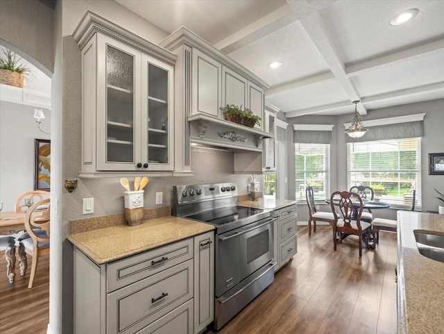 12060 Sapphire Dr, Spring Hill, FL 34609 - kitchen featuring stainless steel range with electric cooktop, dark wood-style flooring, beam ceiling, coffered ceiling, and glass insert cabinets