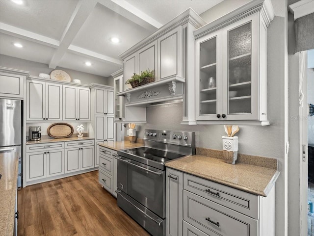 12060 Sapphire Dr, Spring Hill, FL 34609 - kitchen featuring stainless steel appliances, beam ceiling, recessed lighting, dark wood-style flooring, and glass insert cabinets