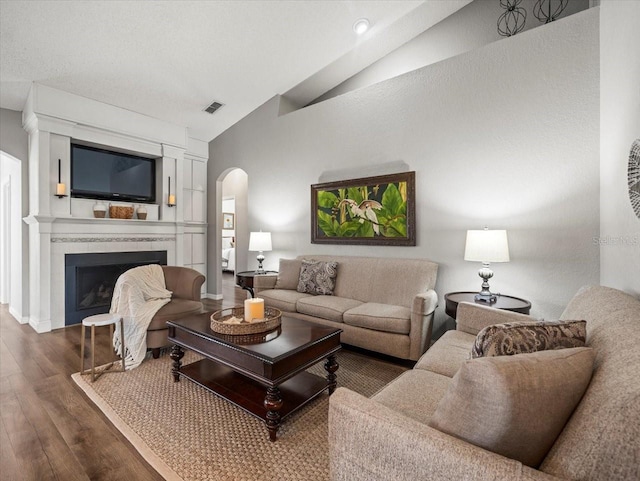 12060 Sapphire Dr, Spring Hill, FL 34609 - living area featuring vaulted ceiling, arched walkways, wood finished floors, and a premium fireplace