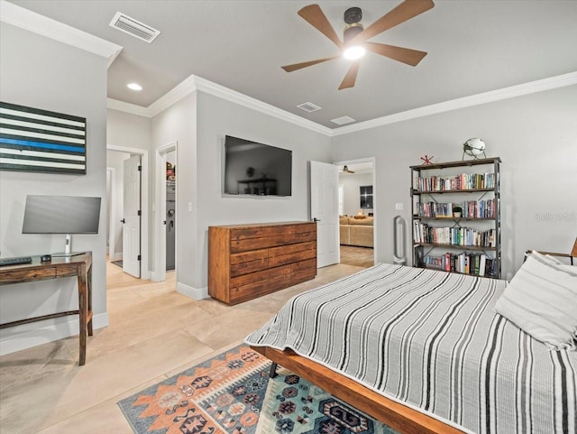 6130 Colmar Pl, Apollo Beach, FL 33572 - bedroom featuring crown molding, recessed lighting, light tile patterned floors, and ceiling fan