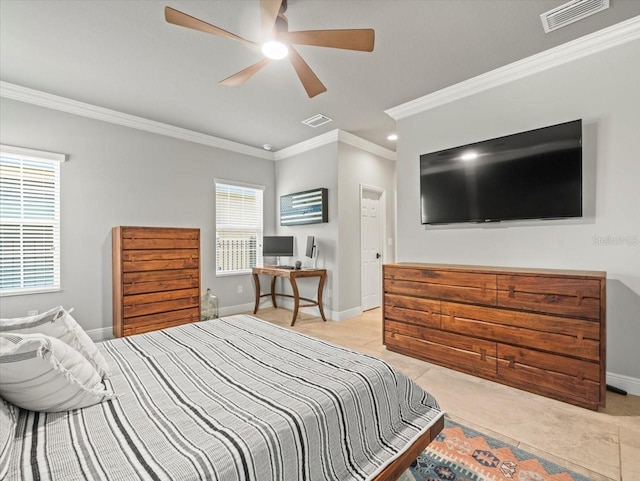 6130 Colmar Pl, Apollo Beach, FL 33572 - tiled bedroom with ornamental molding and ceiling fan
