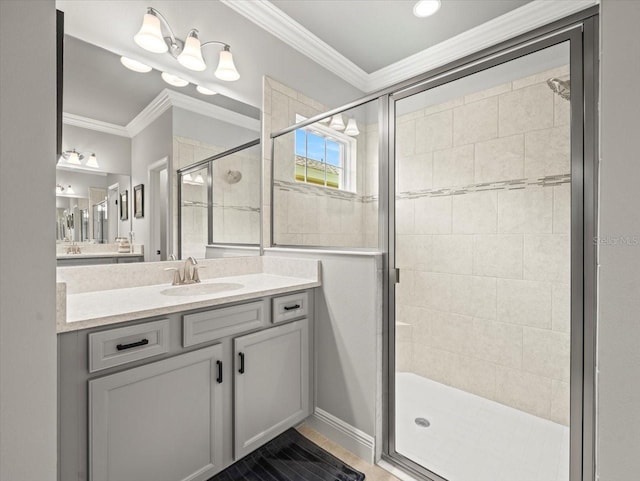 6130 Colmar Pl, Apollo Beach, FL 33572 - bathroom with vanity, a stall shower, and ornamental molding