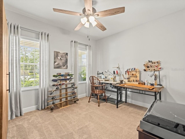 6130 Colmar Pl, Apollo Beach, FL 33572 - carpeted home office with baseboards and a ceiling fan