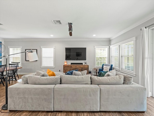6130 Colmar Pl, Apollo Beach, FL 33572 - living room with ornamental molding, wood finished floors, and recessed lighting