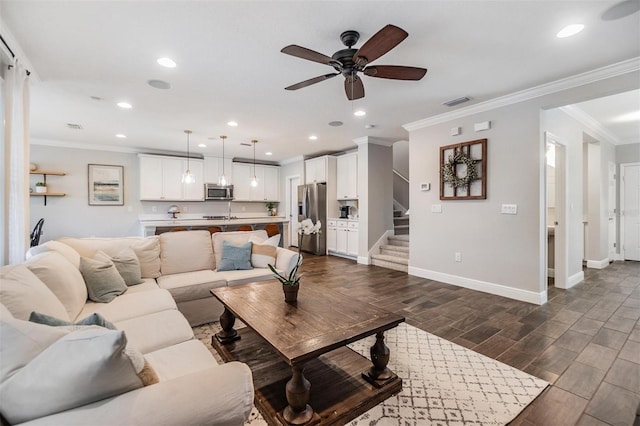 1783 Oak Hammock Ct, Lutz, FL 33558 - living room with recessed lighting, ceiling fan, crown molding, stairway, and dark wood-type flooring