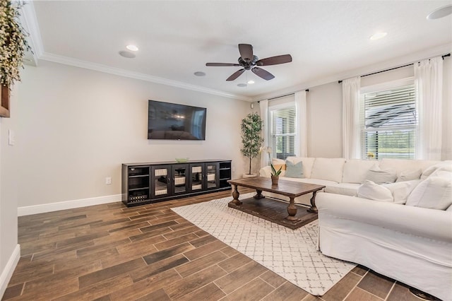 1783 Oak Hammock Ct, Lutz, FL 33558 - living room featuring a ceiling fan, wood finished floors, ornamental molding, and recessed lighting