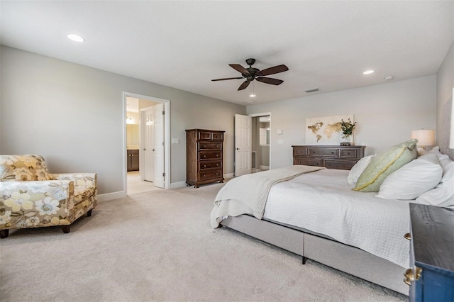 1783 Oak Hammock Ct, Lutz, FL 33558 - bedroom featuring light colored carpet, recessed lighting, a ceiling fan, and ensuite bath
