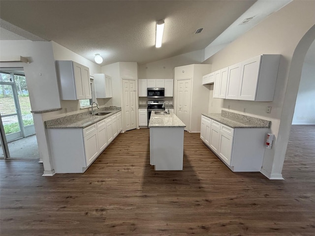 11308 Mahopac Rd, Weeki Wachee, FL 34614 - kitchen featuring stainless steel appliances, vaulted ceiling, arched walkways, dark wood-style floors, and light stone countertops