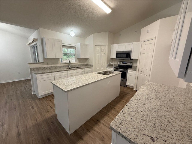 11308 Mahopac Rd, Weeki Wachee, FL 34614 - kitchen with stainless steel appliances, lofted ceiling, an island with sink, white cabinetry, and dark wood-type flooring
