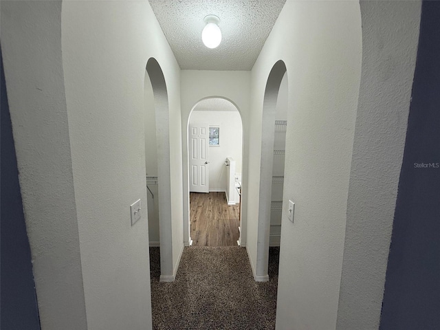 11308 Mahopac Rd, Weeki Wachee, FL 34614 - corridor with arched walkways, a textured ceiling, a textured wall, and carpet floors