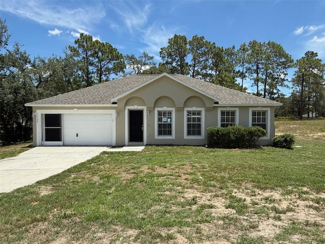 11308 Mahopac Rd, Weeki Wachee, FL 34614 - ranch-style house featuring roof with shingles, concrete driveway, stucco siding, an attached garage, and a front lawn