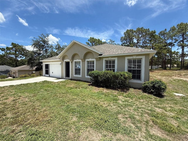 11308 Mahopac Rd, Weeki Wachee, FL 34614 - single story home with stucco siding, driveway, a garage, a front yard, and a shingled roof