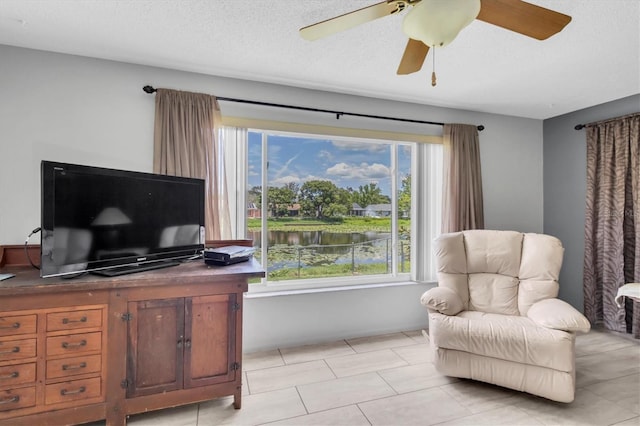 7701 Anaheim Ave, New Port Richey, FL 34655 - office featuring ceiling fan, light tile patterned flooring, and a textured ceiling