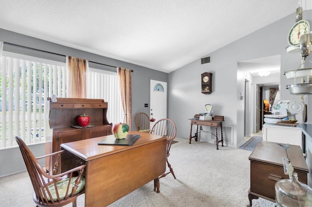 7701 Anaheim Ave, New Port Richey, FL 34655 - dining area featuring vaulted ceiling, light carpet, healthy amount of natural light, a desk, and a textured ceiling