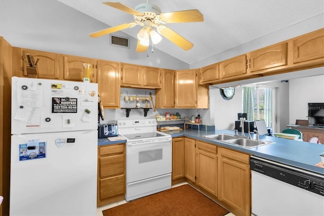 7701 Anaheim Ave, New Port Richey, FL 34655 - kitchen with white appliances, vaulted ceiling, and ceiling fan