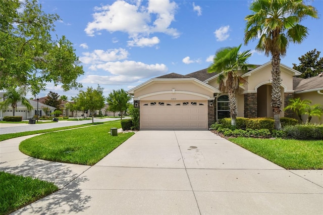 20820 Amanda Oak Ct, Land O Lakes, FL 34638 - view of front of home with an attached garage, stucco siding, driveway, a front yard, and stone siding