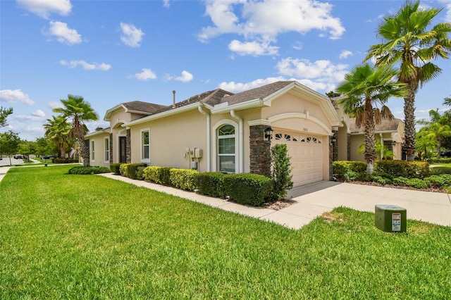 20820 Amanda Oak Ct, Land O Lakes, FL 34638 - view of property exterior with stucco siding, driveway, a lawn, and an attached garage