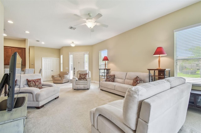 20820 Amanda Oak Ct, Land O Lakes, FL 34638 - carpeted living area featuring a ceiling fan and recessed lighting