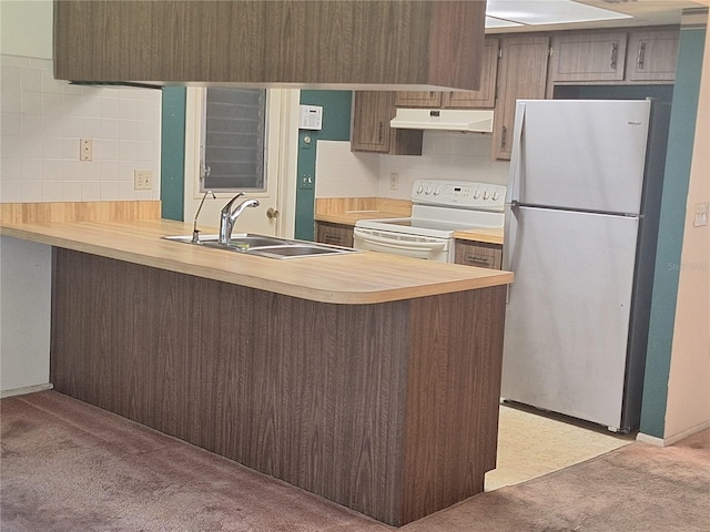 4420 Sawgrass Blvd, New Port Richey, FL 34653 - kitchen with freestanding refrigerator, white electric stove, under cabinet range hood, and tasteful backsplash