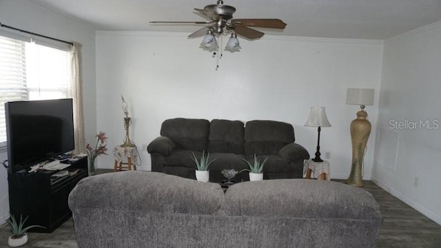 5434 Chad Pl Unit 14, New Port Richey, FL 34652 - living room with crown molding, a ceiling fan, and dark wood-type flooring