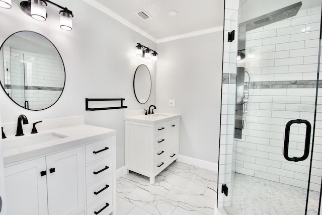 5339 Bowline Bnd, New Port Richey, FL 34652 - full bath featuring marble look tile flooring, two vanities, a shower stall, and crown molding