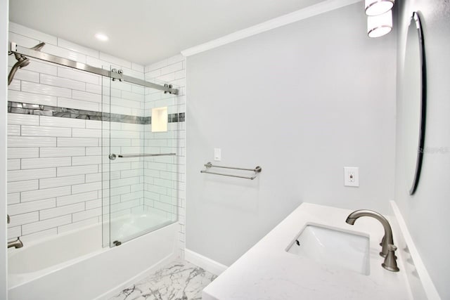 5339 Bowline Bnd, New Port Richey, FL 34652 - bathroom with marble finish floors, enclosed tub / shower combo, vanity, ornamental molding, and recessed lighting