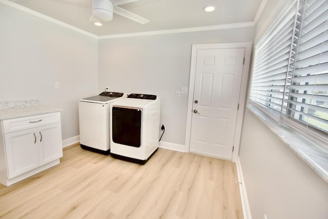 5339 Bowline Bnd, New Port Richey, FL 34652 - laundry area featuring washing machine and clothes dryer, light wood finished floors, crown molding, a ceiling fan, and recessed lighting