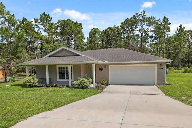 11034 Flock Ave, Weeki Wachee, FL 34613 - view of front facade featuring stucco siding, concrete driveway, an attached garage, a front yard, and a shingled roof