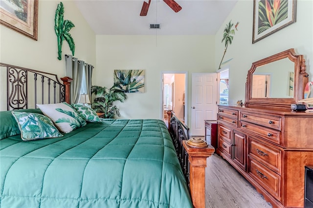 bedroom with light wood-style floors and ceiling fan