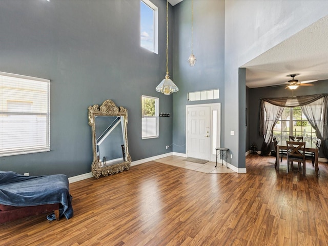 4481 Birchfield Loop, Spring Hill, FL 34609 - entryway with a towering ceiling, wood finished floors, and a ceiling fan