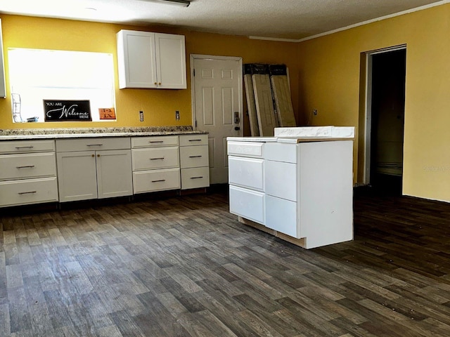 723 W Bayshore Dr, Tarpon Springs, FL 34689 - kitchen with dark wood-style flooring, white cabinets, light countertops, crown molding, and a textured ceiling