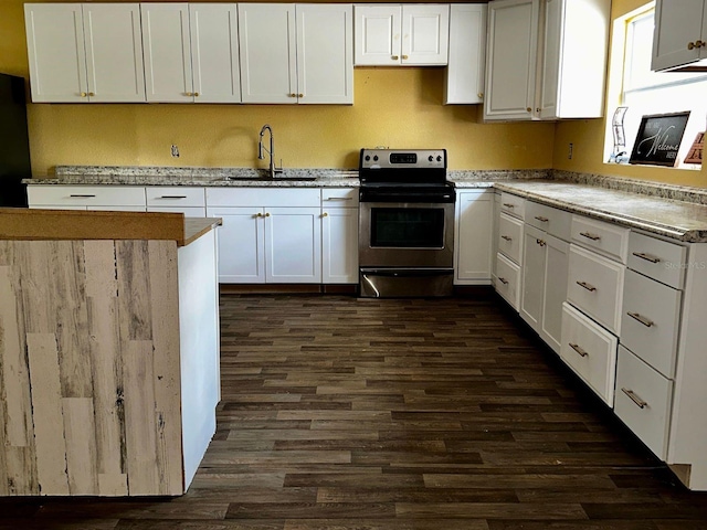 723 W Bayshore Dr, Tarpon Springs, FL 34689 - kitchen with electric range, dark wood-type flooring, white cabinetry, and light stone countertops