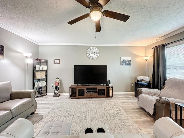 11722 Carissa Ln Unit 49A, New Port Richey, FL 34654 - living room with ornamental molding, light wood-style flooring, a ceiling fan, and a textured ceiling