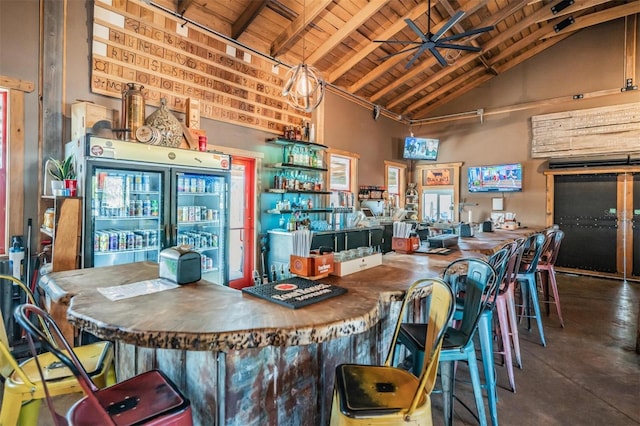 3450 Ferrell St, New Port Richey, FL 34655 - indoor bar featuring high vaulted ceiling, a wood ceiling with exposed beams, ceiling fan, and finished concrete flooring