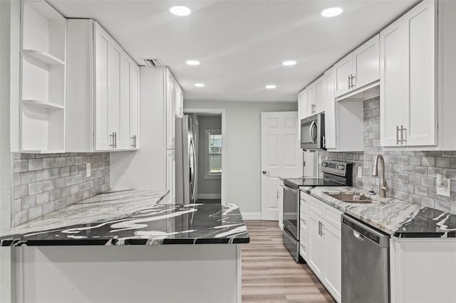 5724 Casson Ave, New Port Richey, FL 34652 - kitchen featuring stainless steel appliances, open shelves, white cabinets, recessed lighting, and backsplash