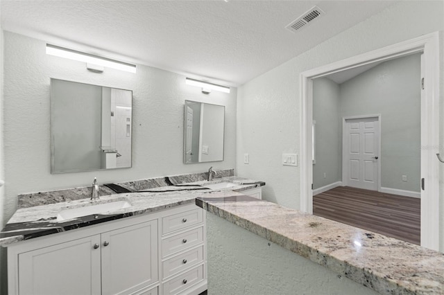 5724 Casson Ave, New Port Richey, FL 34652 - full bathroom with double vanity, a textured ceiling, wood finished floors, and a textured wall