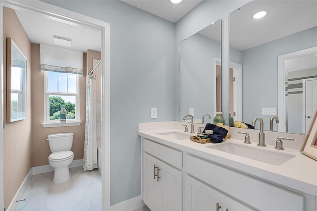 823 Emerald Grove Dr, Apopka, FL 32703 - bathroom featuring marble finish floors, double vanity, and shower / bathtub combination with curtain
