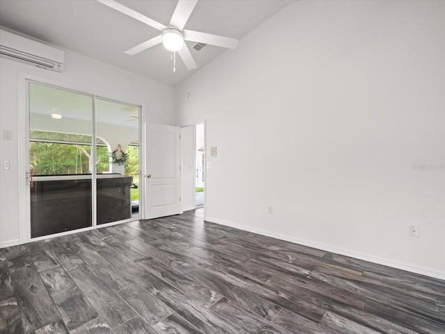 15430 Oakcrest Cir, Brooksville, FL 34604 - spare room featuring a wall mounted AC, wood finished floors, ceiling fan, and high vaulted ceiling